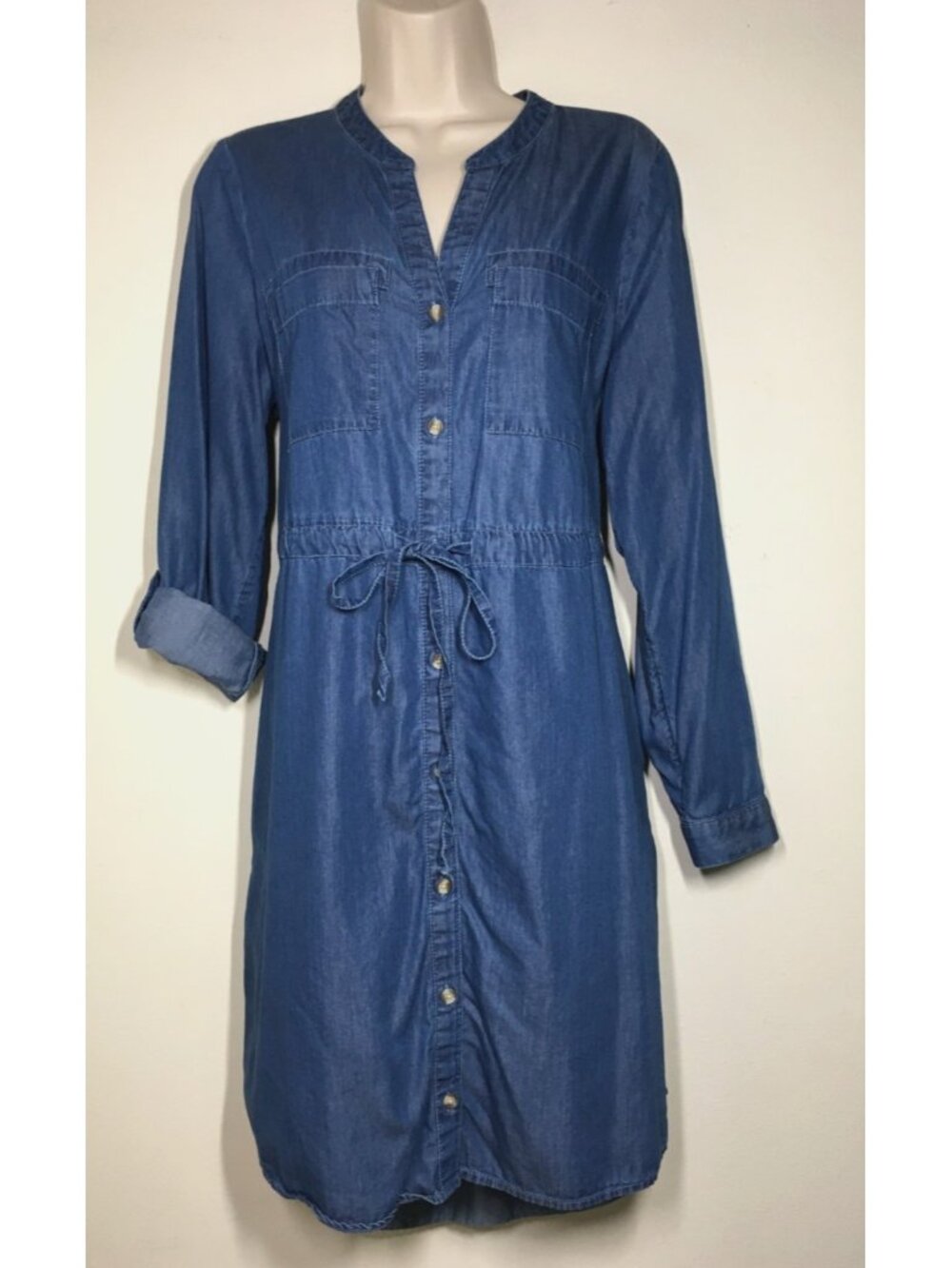 Time & Tru Chambray Shirt Dress M 8-10 Blue Long Roll Tab Sleeve Bust 43.5"